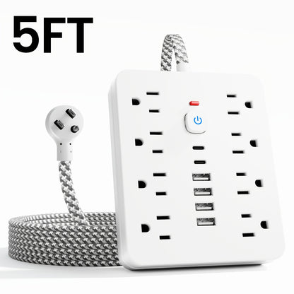 14-in-1 Wall-Mountable Power Strip with Surge Protector – 8 AC Outlets & 6 USB Ports (2 USB-C), Flat Plug Space-Saving Extension Cord, Overload Protection for Home School Office, 5ft or 10ft