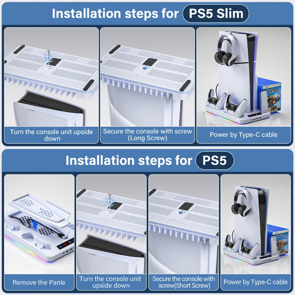 PS5 Cooling Stand with 16 Game Slots & LED Light, Dual Controller Charging Station with Headset & Remote Holders for PS5 & PS5 Slim (Disc & Digital) – Not Compatible with PS5 Pro