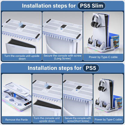 PS5 Cooling Stand with 16 Game Slots & LED Light, Dual Controller Charging Station with Headset & Remote Holders for PS5 & PS5 Slim (Disc & Digital) – Not Compatible with PS5 Pro