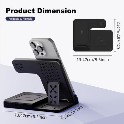 Foldable 3-in-1 Wireless Charging Station with LED Indicator & Anti-Slip Fast Charge for iPhone 17 16 15 14 13 12 11 Pro Max XR XS, Apple Watch Ultra Series 11 10 9 8 7 6 5 SE, AirPods 4 3 2 Pro & Samsung Galaxy – Black White, With/Without Adapter