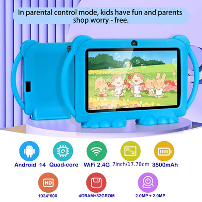 Kids Tablet 7 Inch Android 14, Shockproof Protective Case 4GB RAM 32GB ROM, Parental Mode WiFi 6 Dual Camera, IPS HD Display Quad-Core Mali T820 USB OTG, Children Learning & Entertainment Tablet – Blue Pink