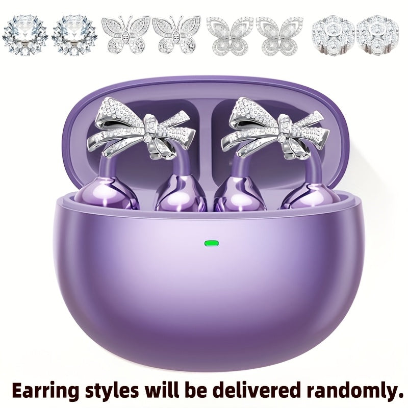 Clip On Wireless Earbuds Open Ear Bluetooth Headphones with Detachable Gemstone Earrings ANC Noise Reduction HD Stereo Hands-Free for Sports Exercise Work Study Outdoors