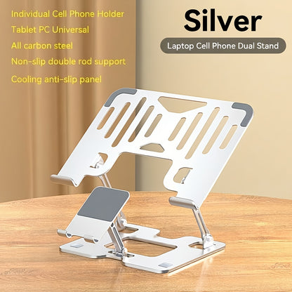 2-in-1 Laptop Stand with Phone Holder, Ergonomic Adjustable Computer Stand with Heat Dissipation, Foldable Desk Riser for 10-16 Inch Laptops, Home Office Use