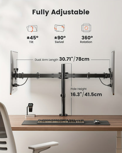 Adjustable Dual Monitor Arm for 13-32 Inch Screens, VESA 75x75/100x100mm, 45° Tilt 90° Swivel 360° Rotation, 17.6 lbs per Arm, C-Clamp & Grommet Mount, Cable Management, Space-Saving Home Office Desk Stand