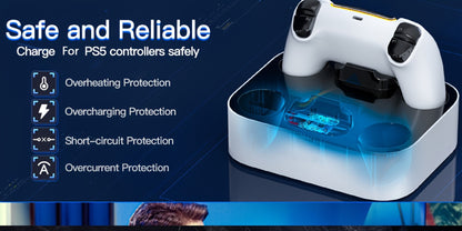 Safe Charging PS5 Controller Charging Station with Smart Chip – Dual Fast Charging Dock for DualSense & DualSense Edge, 2.5Hr Full Charge, Blue LED Indicator, Non-Slip Pad, Cable Included