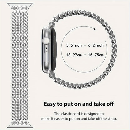 Stainless Steel Beaded Apple Watch Band Handmade Elastic Stretch Bracelet No-Buckle Slip-On Strap for Series 1-11 SE Ultra 38mm 40mm 41mm 42mm 44mm 45mm 46mm Women Girls Silver Rose Gold Silvery Grey