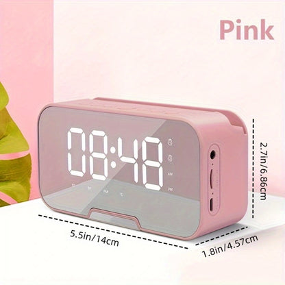 Pink Mirror Bluetooth Speaker with Wireless Microphone – LED LCD Display, FM Radio, TF Card, USB Charging, Alarm Clock, Adjustable Volume & Brightness, Birthday & Easter Gift for Girls