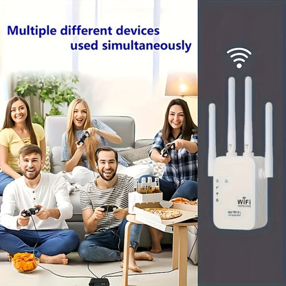 WiFi Extender 1300Mbps Dual Band AP & Relay Mode - 4 Powerful Antennas Full House Coverage, Ethernet Port, Eliminates Dead Zones, for Home Office Gaming Streaming, White Black