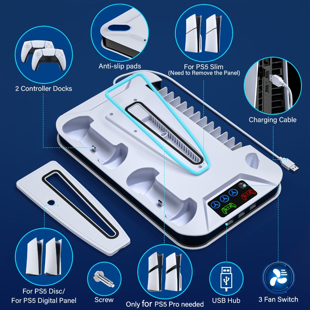PS5 Cooling Station with USB Hub & Dual Controller Charging Dock for PS5/Slim/Pro, PlayStation 5 Stand Cooler with 3 USB Hubs, Headset Holder, Cooling Fan, Fits Disc & Digital Edition
