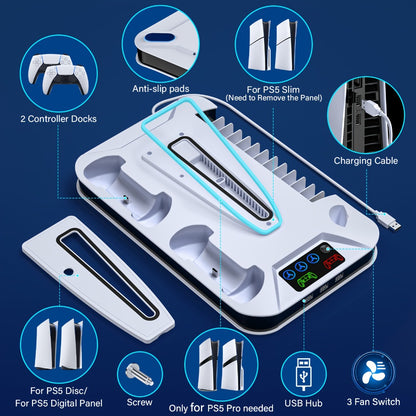 PS5 Cooling Station with USB Hub & Dual Controller Charging Dock for PS5/Slim/Pro, PlayStation 5 Stand Cooler with 3 USB Hubs, Headset Holder, Cooling Fan, Fits Disc & Digital Edition