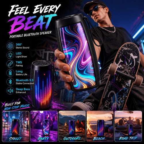 Portable Bluetooth Speaker with 5.1 Surround Sound, Stereo Bass Subwoofer, Dynamic RGB Lighting, Hi-Fi Lossless Audio, Long Battery Life, for PC Tablet Smartphone Parties Travel Entertainment