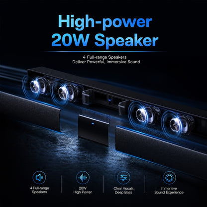 Deep Bass Soundbar with Subwoofer for Smart TV – 22" Wireless Bluetooth 5.0 Surround Sound System, TF/AUX/RCA/TWS, Home Theater Speaker for PC, Gaming, Projector, Studio, Live & Stage