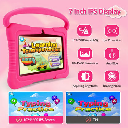Veidoo Kids Tablet 7 Inch Eye Protection Screen 2GB RAM 32GB ROM Android WiFi Dual Camera Parental Control Educational Games Drop-Proof Silicone Cover Children Learning Tablet Pink Blue