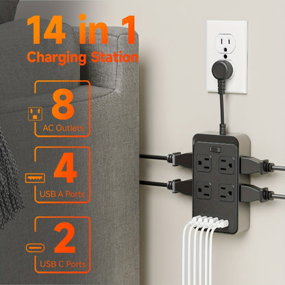 One-Touch Switch Desk Charging Station 14-in-1, 8 Widely Distributed AC Outlets & 6 USB Ports (4 USB-A + 2 USB-C), Surge Protection, Compact Portable Power Strip for Home Office Desktop – Safe & Organized