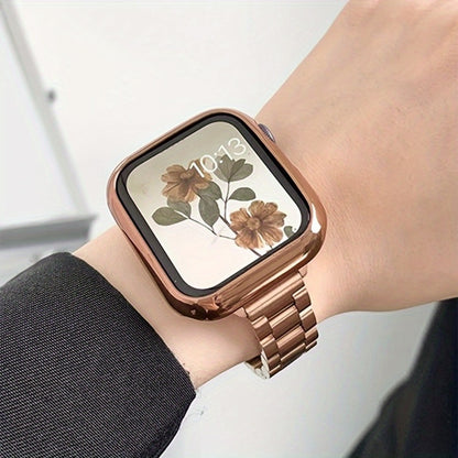 Slim Waist Apple Watch Steel Band & Half Shell Case 3-Piece Set – 2 Stainless Steel Bands + Protective Case Compatible with Apple Watch Series 1–9 SE Ultra 38 40 41 42 44 45 49mm – Gold Silver Rose Black