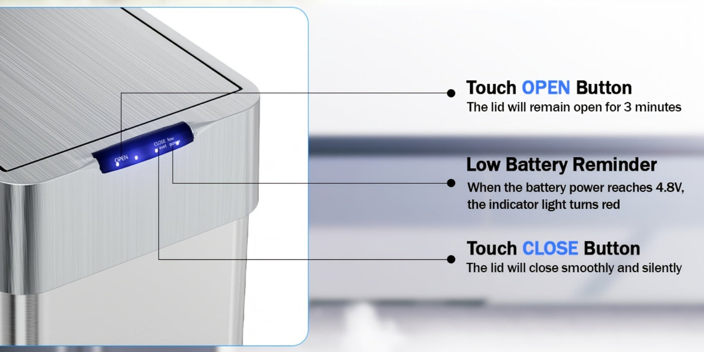 Touchless Trash Can with Motion Sensor 18.5 Gallon 60L – Soft-Close Lid | Brushed Stainless Steel | Bag Holder | Low Battery Alert | Hands-Free Smart Garbage Bin for Kitchen Office Bedroom RV