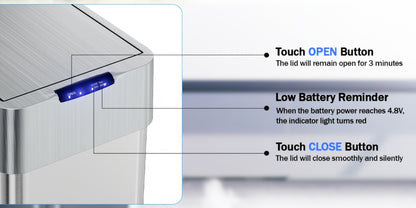 Touchless Trash Can with Motion Sensor 18.5 Gallon 60L – Soft-Close Lid | Brushed Stainless Steel | Bag Holder | Low Battery Alert | Hands-Free Smart Garbage Bin for Kitchen Office Bedroom RV