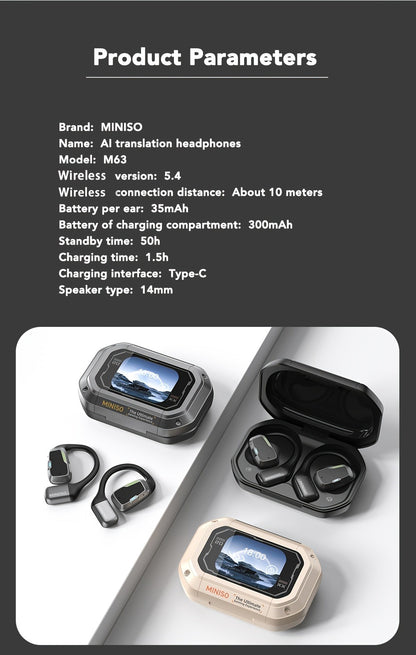 AI Translation Wireless Earbuds Real-Time 135 Languages Open-Ear Design Full-Color Touch Screen Gaming Headset Bluetooth for Travel Business Study iOS Android