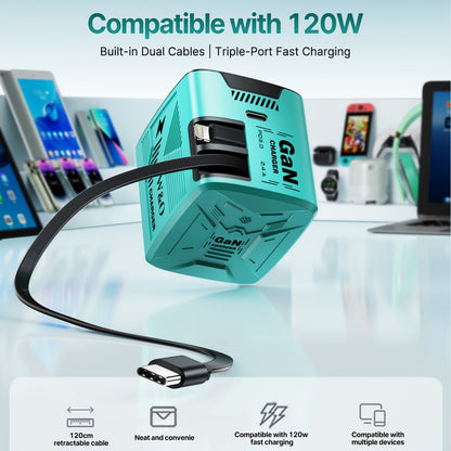GaN Wall Charger 120W Fast with Retractable Built-In Cable & Foldable Plug – Compact Portable Travel USB-C Adapter for iPhone 17 16 15 14 Pro Max, Samsung Galaxy Ultra, Android Devices, 6 Colors