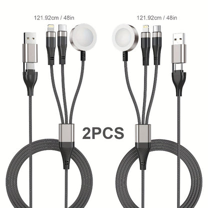 Multi Charging Cable 3-in-2 Fast Charging Set of 2, Compatible with Apple Watch Ultra Series 10 9 8 7 6 SE iPhone 16 15 14 13 12 Samsung Galaxy, USB-C & USB-A, 2FT + 4FT Portable Cord Combo