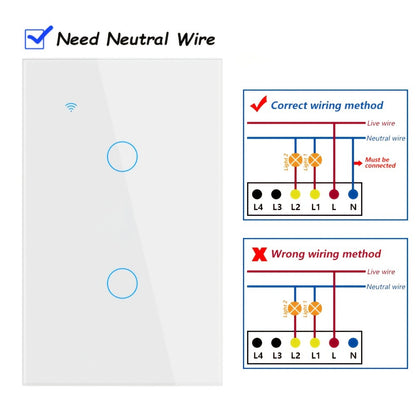 White Glass WiFi Bluetooth Touch Screen Smart Switch 1/2/3/4 Gang – Scratch-Resistant, Works with Alexa & Google Home, Tuya App, Smart Scenes, Timer, Share Function, 600W/Gang, Neutral Required