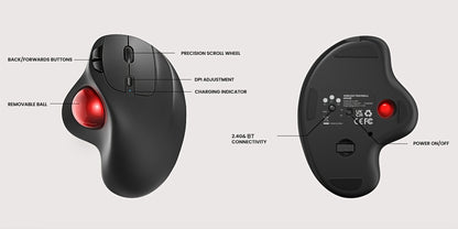 Wireless Trackball Mouse Rechargeable Ergonomic Thumb Control 3 Device Connection 2.4G USB Receiver Bluetooth 4 DPI Settings Precise Smooth Tracking Compatible with PC Laptop Mac Windows
