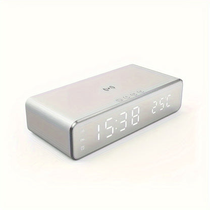 Alarm Clock Wireless Charger with Thermometer 3-in-1 LED Fast Charging Pad for iPhone & Android – 3 Alarms, 12/24H Display, Celsius/Fahrenheit, Power Saving Mode | Bedside Nightstand & Desk Gadget | Black & Silver