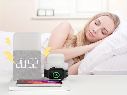 Alarm Clock 3-in-1 Wireless Charging Station with Clock Display – Bedside Charging Dock for iPhone 16 15 14 13 12 & Samsung Galaxy, Charges Phone Watch & Earbuds Simultaneously | Black White Gray