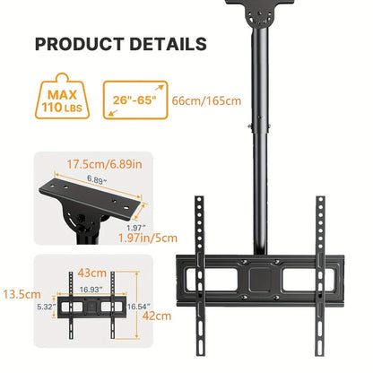 Ceiling TV Mount 37-75 Inch - 360° Swivel & Tilt Adjustable Bracket for Flat & Curved TVs up to 110 lbs, VESA 600x400mm, Stainless Steel, for Home Restaurant Gym