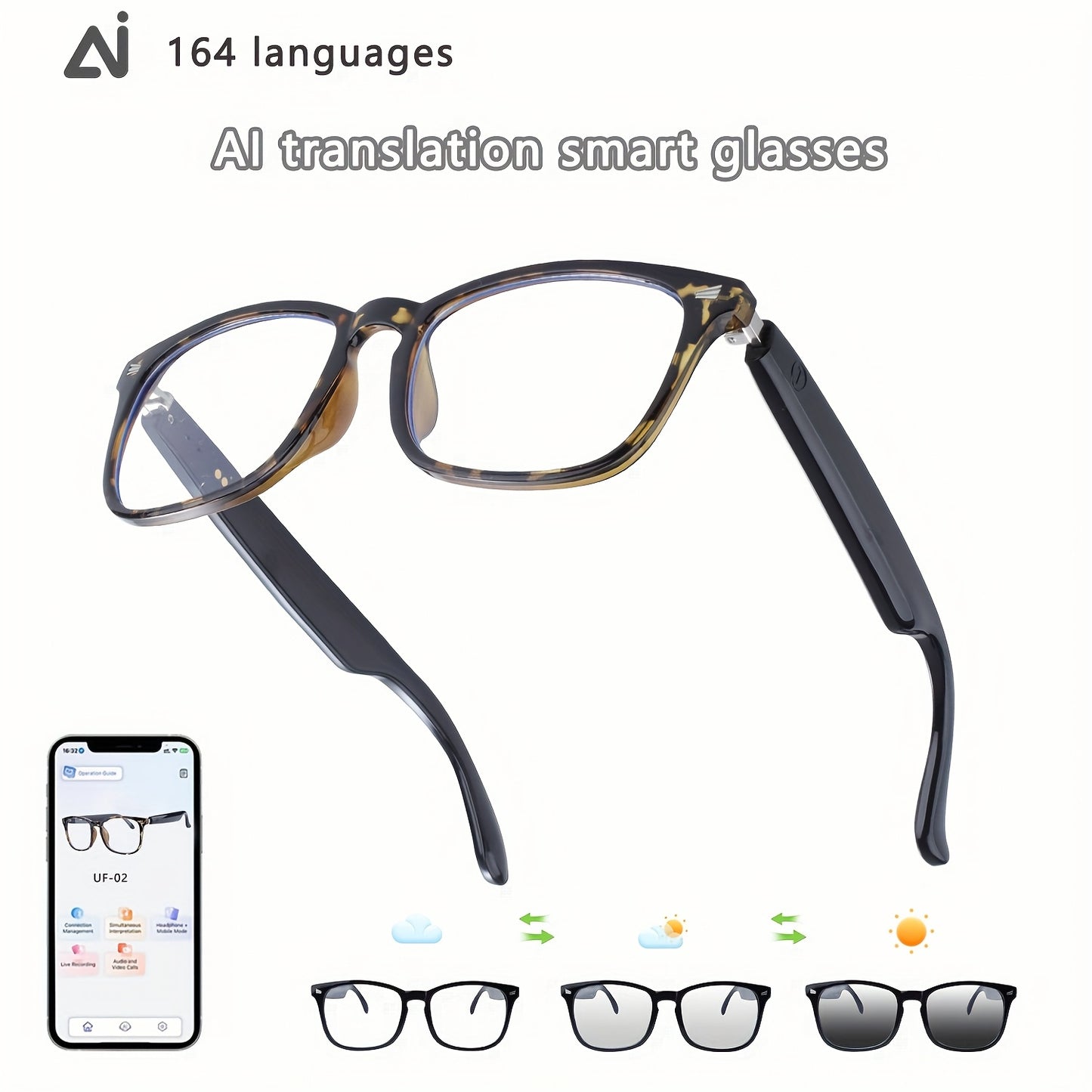 ChatGPT AI Translation Glasses with 160-Language Real-Time Translation, Photochromic Lenses, HiFi Audio & HD Calls – 19 Frame Styles, Unisex Smart Eyewear for Travel & Business