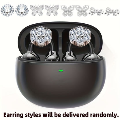 Clip On Wireless Earbuds Open Ear Bluetooth Headphones with Detachable Gemstone Earrings ANC Noise Reduction HD Stereo Hands-Free for Sports Exercise Work Study Outdoors