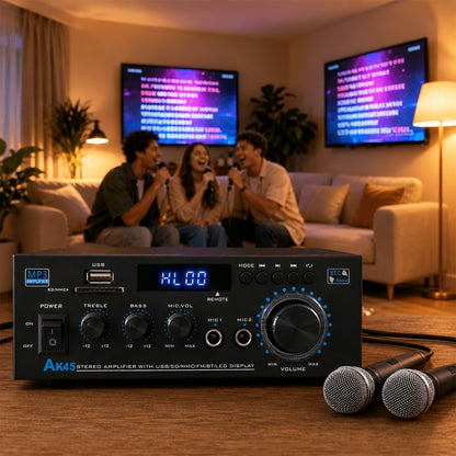 400W Bluetooth 5.0 Stereo Amplifier Receiver AK45, 2-Channel Home Audio Power Amp with Karaoke, FM Radio, USB MMC SD Card, Supports Passive Ceiling Speakers Garage Home Theater Speaker System