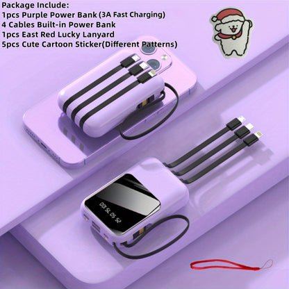 10000mAh Cute Cartoon Power Bank with 4 Built-In Cables & 22.5W Super Fast Charging - Portable Charger Dual LED Flashlight Compatible with iPhone Android USB-C, Travel Battery Pack Red Purple Black Yellow