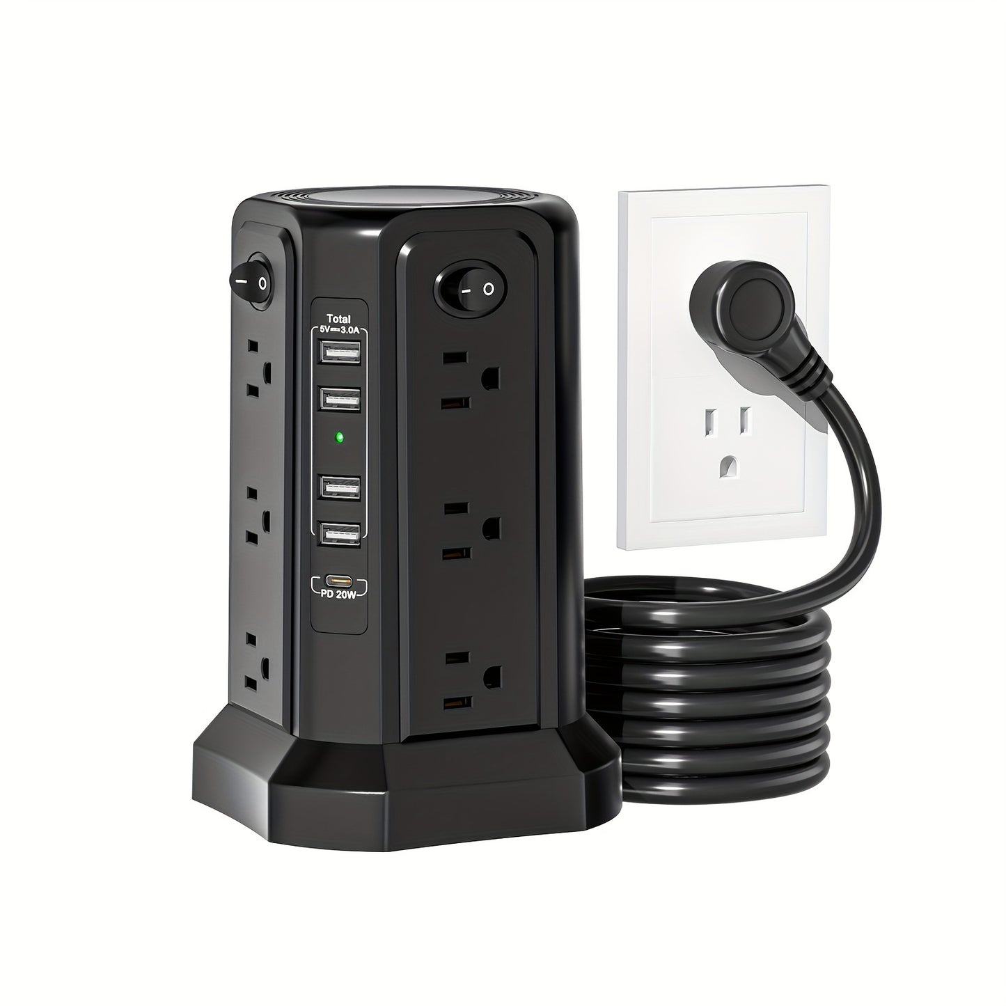 PD18W USB-C Power Strip Tower 21-in-1, 16 AC Outlets & 5 USB Ports, 1500J Surge Protector, Angled Flat Plug, 6ft 13A Extension Cord, Fast Charging Desktop Power Tower for Home Office Dorm – White