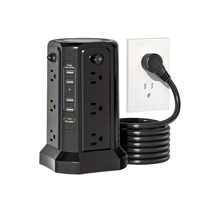 PD18W USB-C Power Strip Tower 21-in-1, 16 AC Outlets & 5 USB Ports, 1500J Surge Protector, Angled Flat Plug, 6ft 13A Extension Cord, Fast Charging Desktop Power Tower for Home Office Dorm – White