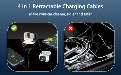 Dual Retractable Cable Car Charger 4-in-1 with Lightning & Type-C 31in, 2 USB-A Ports & Voltage Supervision – Tangle-Free Fast Car Phone Charger for iPhone Samsung Android, Multi Port Car Charging Adapter 4 Colors