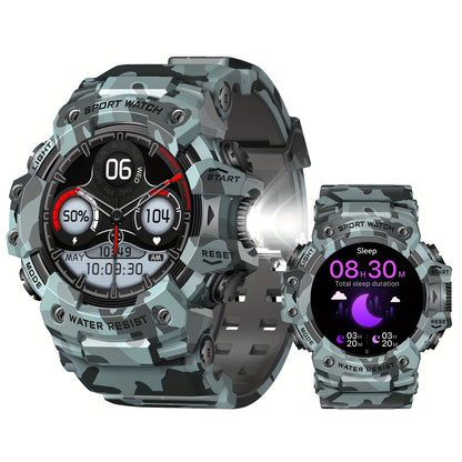 Tactical Smartwatch for Men, LED Flashlight & SOS Emergency, 1.32" TFT Screen, Bluetooth Calling, 100+ Sport Modes, Heart Rate SpO2 Sleep Tracker, Camouflage & Matte Colors – iPhone & Android Compatible