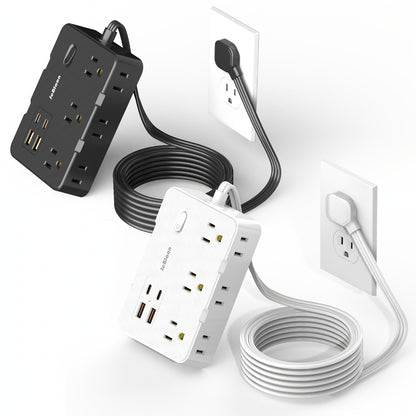 Flat Plug Extension Cord Surge Protector 10-in-1 with 6 AC Outlets 2 USB-C 2 USB-A Ports 5ft Ultra Thin Power Strip 5V/3.1A Wall Mount Charging Station for Home Office Dorm – Black & White