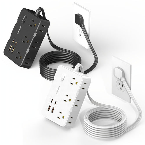 Flat Plug Extension Cord Surge Protector 10-in-1 with 6 AC Outlets 2 USB-C 2 USB-A Ports 5ft Ultra Thin Power Strip 5V/3.1A Wall Mount Charging Station for Home Office Dorm – Black & White