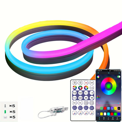 RGBIC LED Strip Lights Music Sync App & Remote Control - IP65 Waterproof Cuttable Flexible Neon Rope Light Color Chasing for Bedroom Gaming Room TV Backlight Outdoor Courtyard Christmas Halloween Decoration 2m 3m 5m