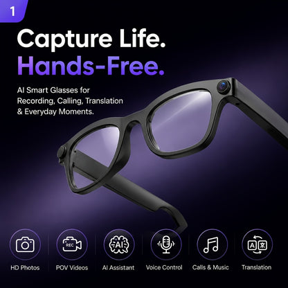 AI Smart Glasses Real-Time Voice Translation 100+ Languages - 2MP HD Camera, Bluetooth Calling & Music, Hands-Free Recording, Black & Clear Lens, Wearable Tech