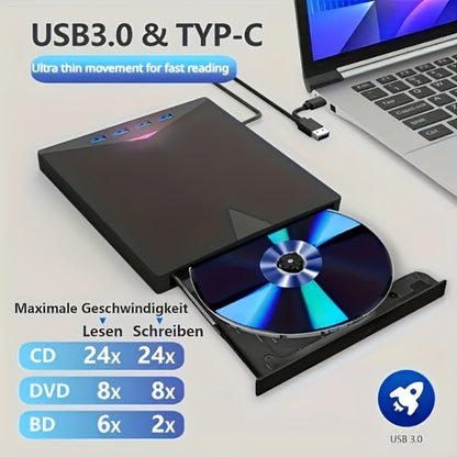 7-in-1 External DVD Drive USB 3.0 with 4 USB Ports & Dual TF/SD Card Reader - High-Speed CD/DVD Burner for Laptop Mac PC, Compatible with Windows 11/10/8/7, Linux, Plug and Play, Office Travel