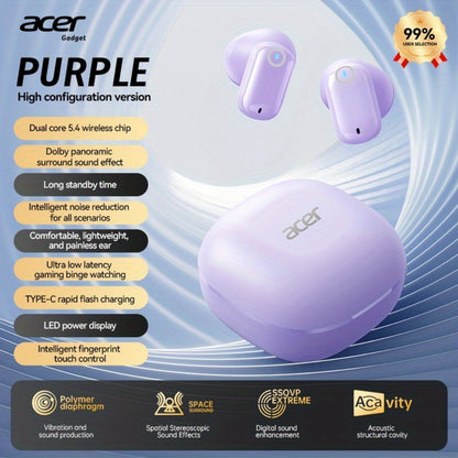 Acer OHR501 Dolby Surround Sound Wireless Earbuds Bluetooth 5.4 Semi-In-Ear TWS Intelligent Noise Cancellation Fingerprint Touch Control Ultra-Low Latency Type-C Fast Charging 8 Colors