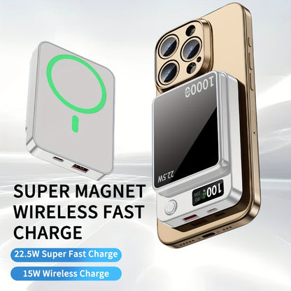 Magnetic Wireless Power Bank 10000mAh MagSafe Compatible 22.5W USB-C Fast Charging with LED Display – Portable Snap-On Battery Pack for iPhone 16 15 14 13 12 Series & Android Smartphones