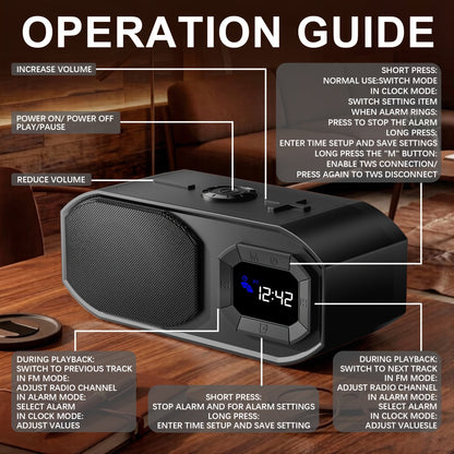 Bluetooth Speaker with Digital Alarm Clock, Fixed-Time Alarm, HD Sound, TWS Stereo Pairing, USB TF Card AUX Input, Type-C Rechargeable, Non-Slip Base, Wireless Bedside Speaker for Home Bedroom Dorm Camping