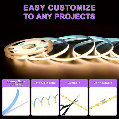 COB LED Strip Light 4800LEDs 32.8FT No Dark Spots - High Density Dimmable Knob Switch Ultra-Thin 8mm Flexible Tape Light for Under Cabinet TV Backlight Kitchen Vanity Mirror Bedroom Bathroom