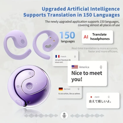 100 Language Real-Time Translation TWS Earphones Coconut Ball Pendant Wireless Earbuds Conference Recording Noise Canceling Mic Touch Control Fast Charging Type-C Free Lanyard for Travel Business
