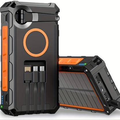 Hand Crank Solar Power Bank 30000mAh Wireless Charging 7 Output Ports 4 Input Options SOS Emergency Light 15W Fast Charge 3 Built-in Cables Camping Hiking Outdoor Survival Orange