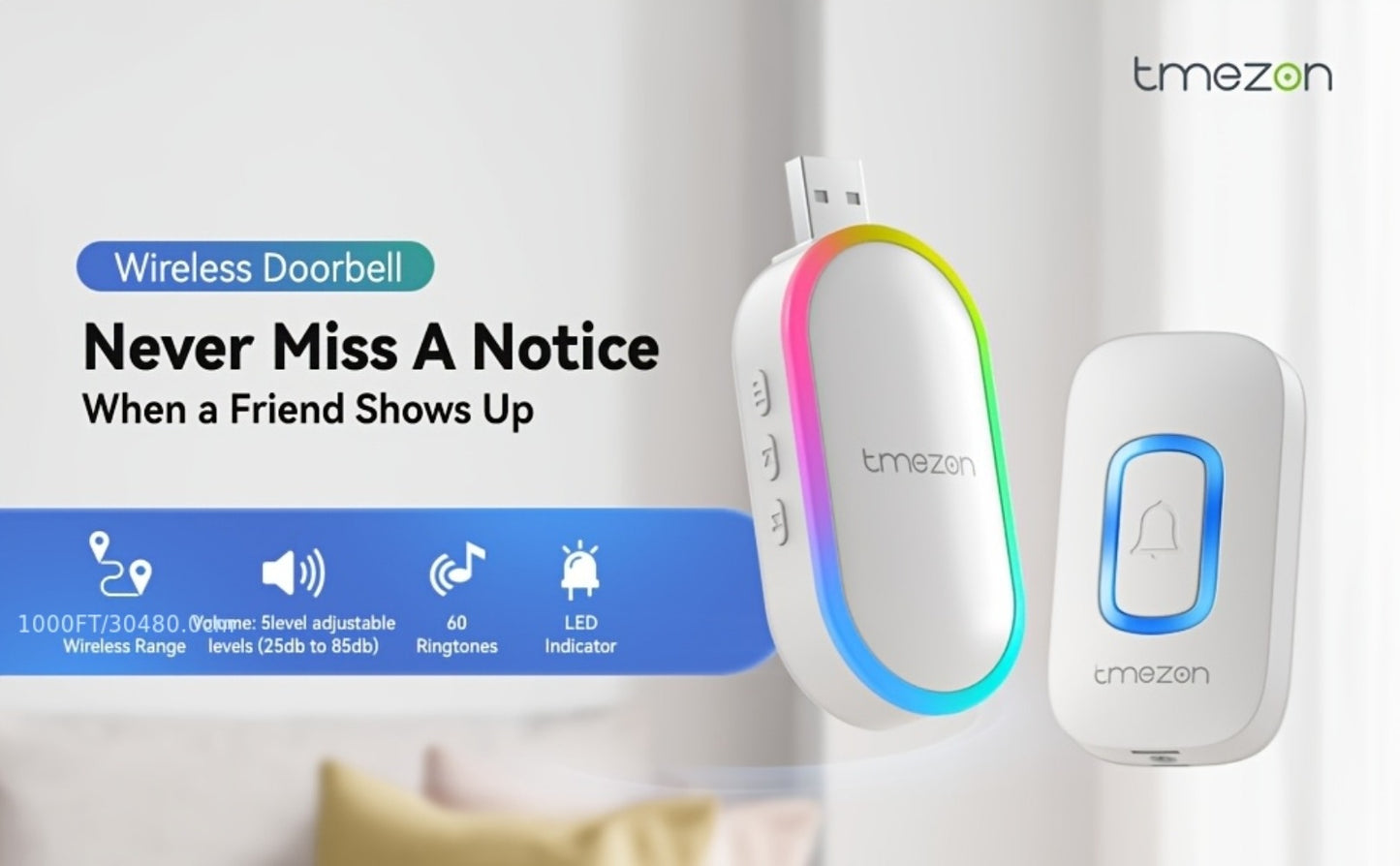 USB Plugin Wireless Doorbell Kit with 60 Melodies, 5 Volume Levels & Colorful LED Indicator, 1000ft Range, Silent Mode, Battery-Powered Transmitter, No Wiring for Home Office Apartment Elderly
