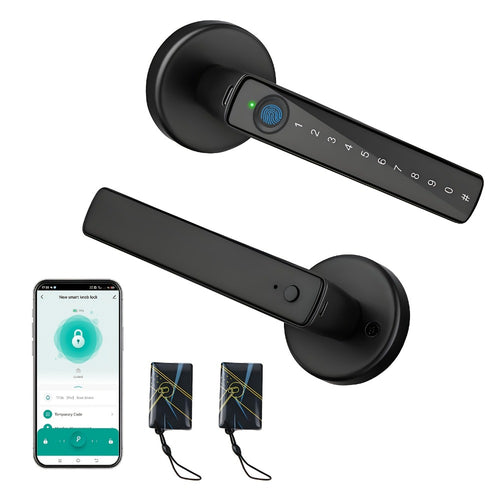 IC Card Door Lock Knob with Fingerprint, PIN & Key - 4-in-1 Biometric Keyless Entry Electronic Lock with Integrated Handle for Bedroom, Home, Hotel & Office, Easy DIY Install, Black